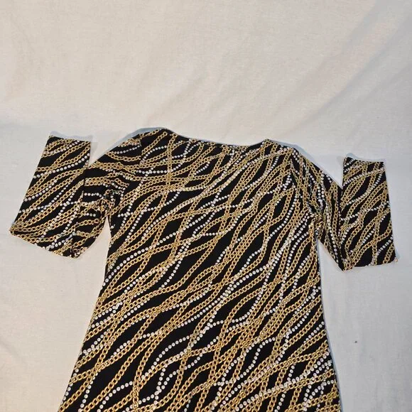 MICHAEL KORS Old Money Black/Gold Chain/Pearl Pattern Border Shift Dress Size L. - Picture 7 of 16